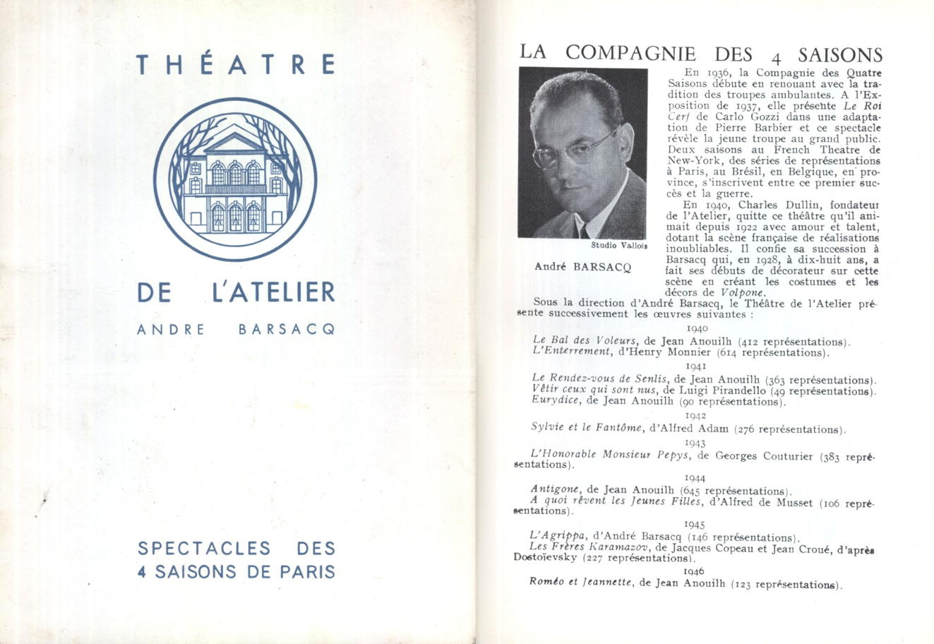 Couverture. Théâtre de l|Atelier. André Barsacq. Spectacles des 4 saisons. 1965-01-01